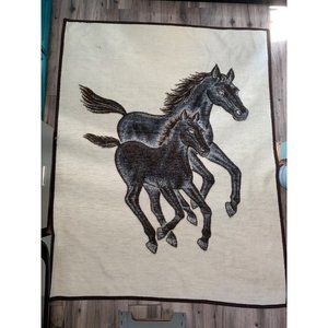 Vintage Biederlack Blanket Mare and Foal FLAWS Tag Removed 60x 78" Reversible Br